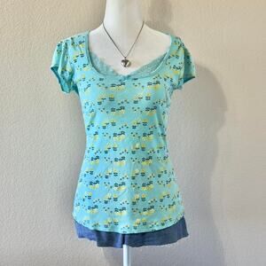 2000s blue and yellow floral lace trim top